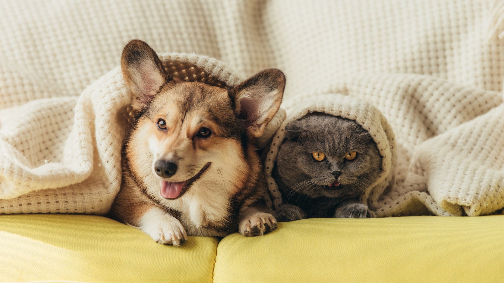 cat and dog under covers